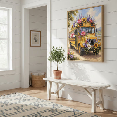 Room interior with a yellow school bus painting on the wall, a white bench, and a plant.