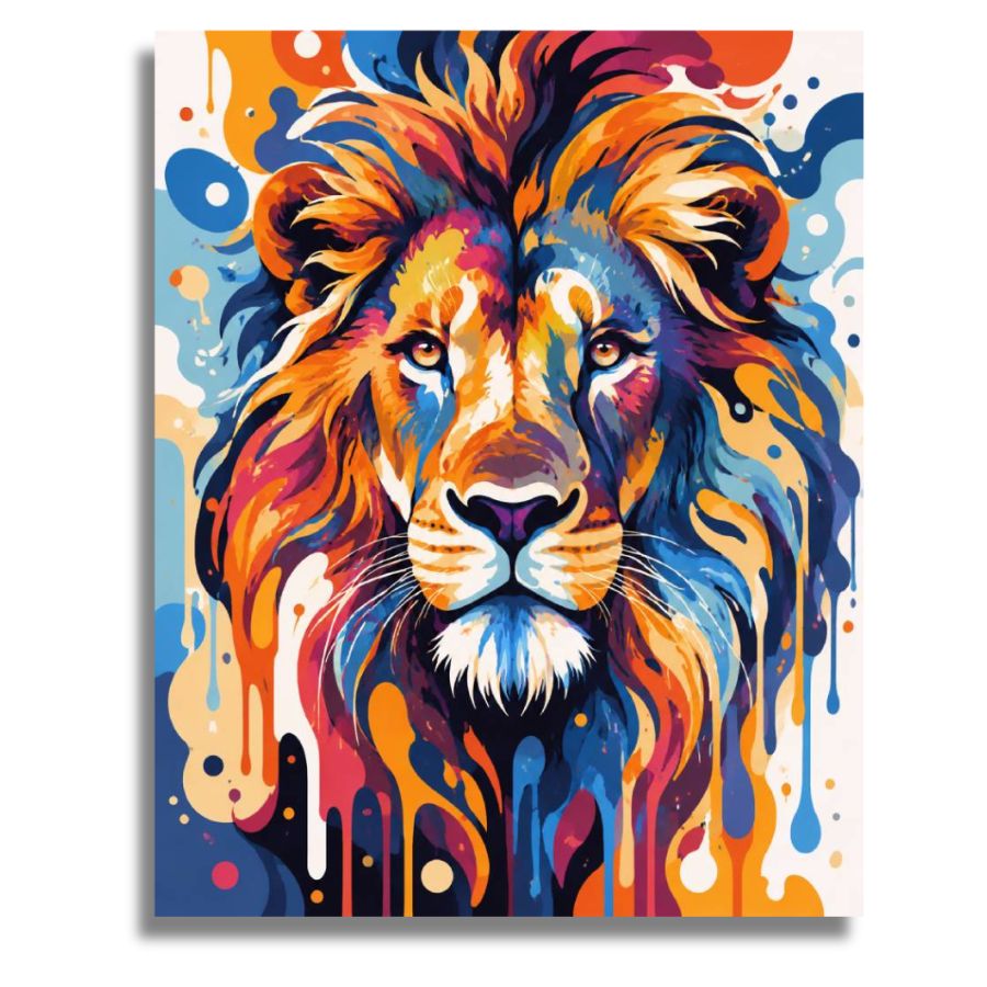 Colorful abstract painting of a lion's face on a white background. Color Stained Lion Canvas - Paint by numbers