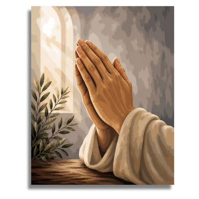 Painting of clasped hands with a window and plant in the background. Praying Hands - Paint by numbers
