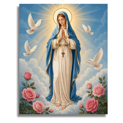 Painting of a Saint Mary with a blue robe, white dress, and pink roses in a heavenly setting. Blessed Virgin Mary - Paint by numbers