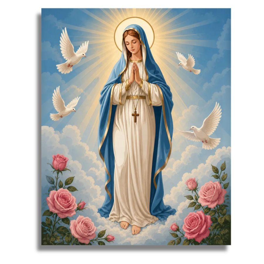 Painting of a Saint Mary with a blue robe, white dress, and pink roses in a heavenly setting. Blessed Virgin Mary - Paint by numbers